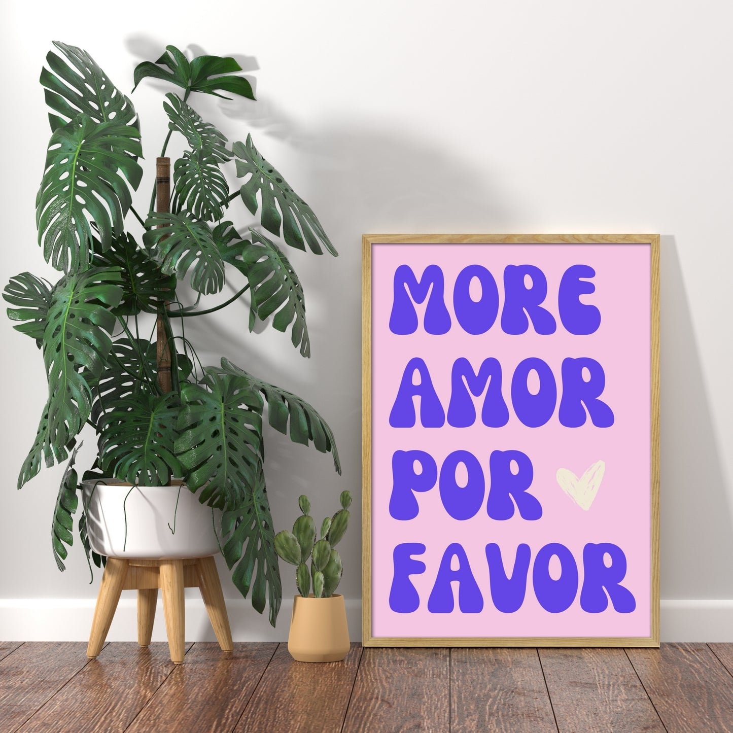 Affiche "MORE AMOR POR FAVOR" fond rose écriture violette