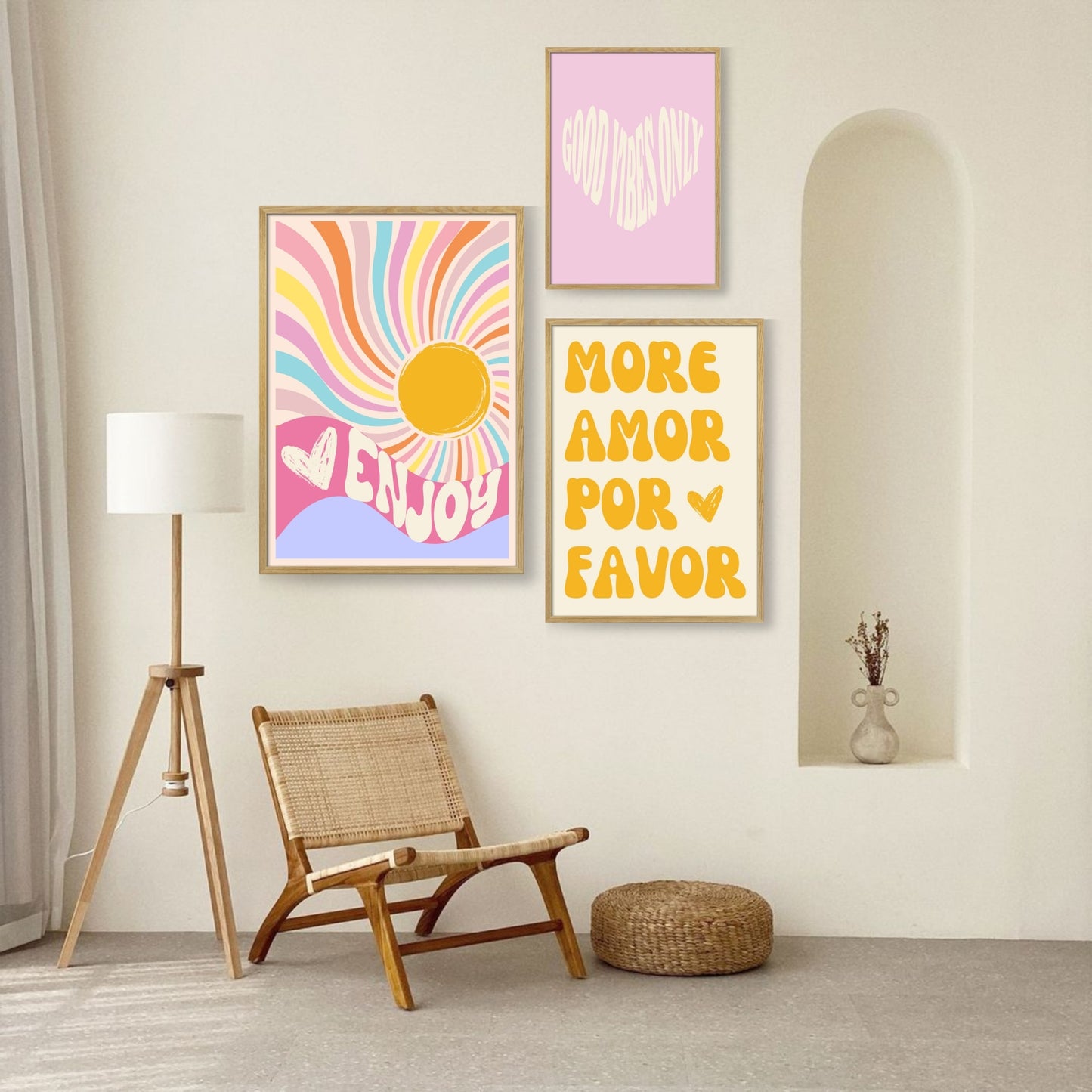 Affiche "GOOD VIBES ONLY" Coeur beige fond rose